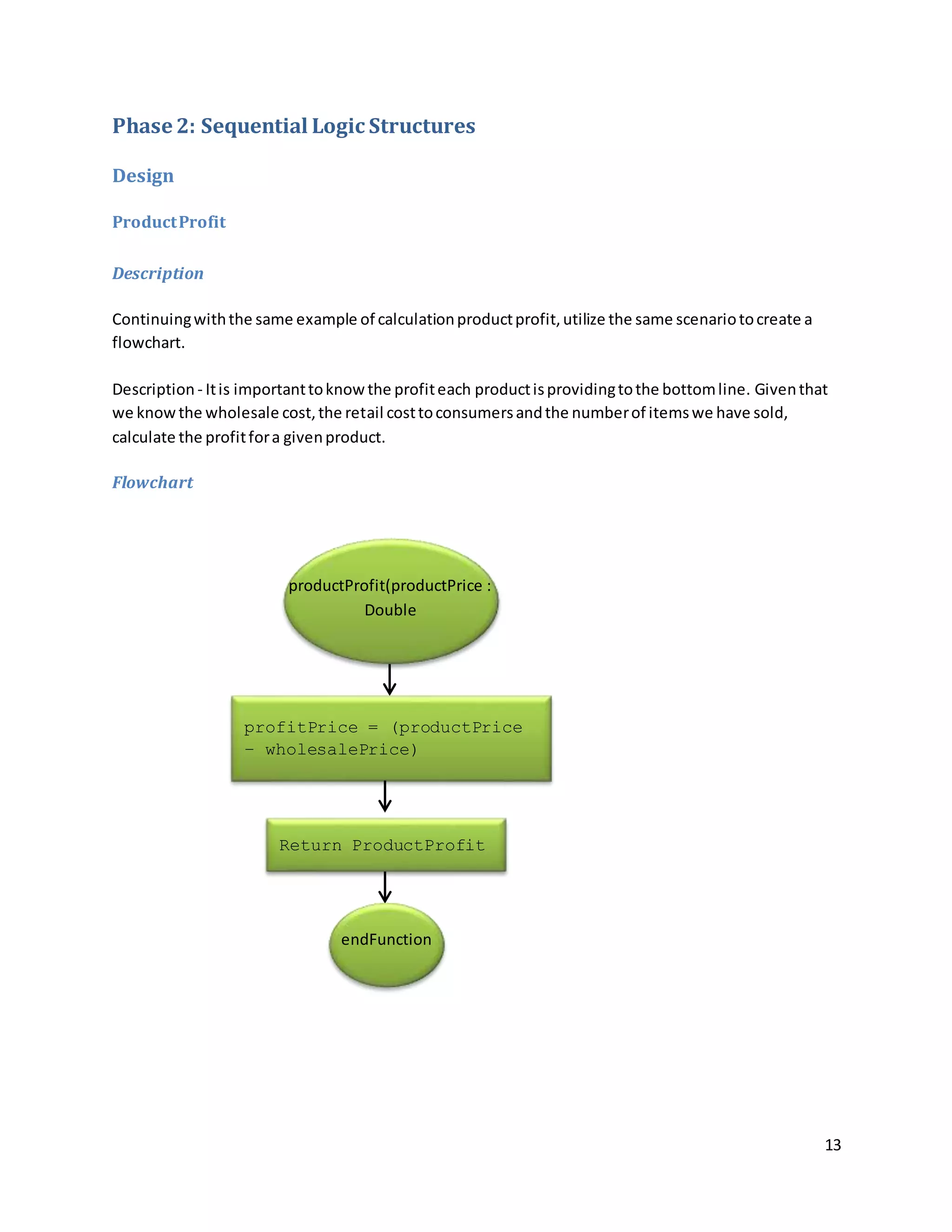 13
Phase 2: Sequential Logic Structures
Design
ProductProfit
Description
Continuingwiththe same example of calculationproductprofit,utilize the same scenariotocreate a
flowchart.
Description - Itis importanttoknowthe profiteach productisprovidingtothe bottomline. Giventhat
we knowthe wholesale cost,the retail costtoconsumersandthe numberof itemswe have sold,
calculate the profitfora givenproduct.
Flowchart
profitPrice = (productPrice
– wholesalePrice)
Return ProductProfit
endFunction
productProfit(productPrice :
Double
 