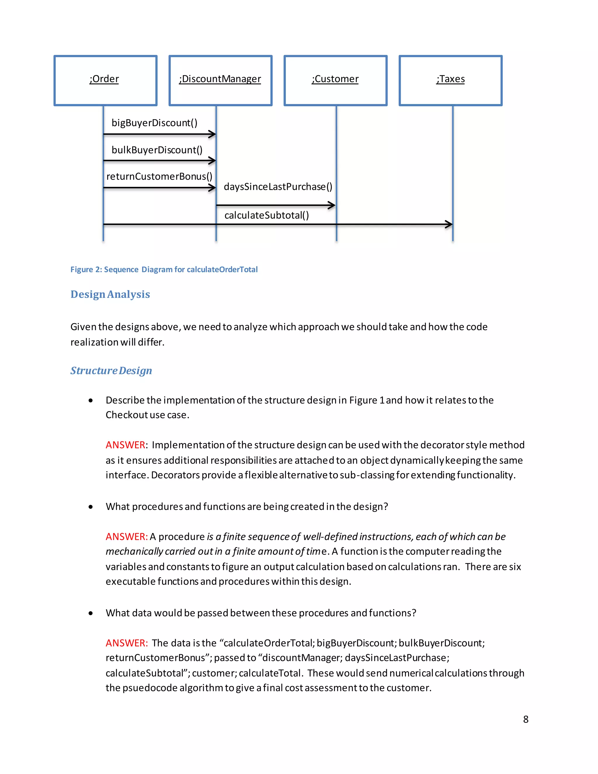 8
Figure 2: Sequence Diagram for calculateOrderTotal
DesignAnalysis
Giventhe designsabove,we needtoanalyze whichapproachwe shouldtake andhow the code
realizationwill differ.
StructureDesign
 Describe the implementationof the structure designin Figure 1and how it relatestothe
Checkoutuse case.
ANSWER: Implementationof the structure designcanbe usedwiththe decoratorstyle method
as it ensures additional responsibilitiesare attachedtoan objectdynamicallykeepingthe same
interface.Decoratorsprovide aflexiblealternativetosub-classingforextendingfunctionality.
 What proceduresand functionsare beingcreatedinthe design?
ANSWER:A procedure is a finite sequenceof well-defined instructions,each of which can be
mechanically carried outin a finite amountof time. A functionisthe computerreadingthe
variablesandconstantstofigure an outputcalculationbasedoncalculationsran. There are six
executable functionsandprocedureswithinthisdesign.
 What data wouldbe passedbetweenthese procedures andfunctions?
ANSWER: The data isthe “calculateOrderTotal;bigBuyerDiscount;bulkBuyerDiscount;
returnCustomerBonus”;passedto“discountManager; daysSinceLastPurchase;
calculateSubtotal”;customer;calculateTotal. These wouldsendnumericalcalculationsthrough
the psuedocode algorithmtogive afinal costassessmenttothe customer.
;Order ;DiscountManager ;Customer ;Taxes
bigBuyerDiscount()
bulkBuyerDiscount()
returnCustomerBonus()
daysSinceLastPurchase()
calculateSubtotal()
 