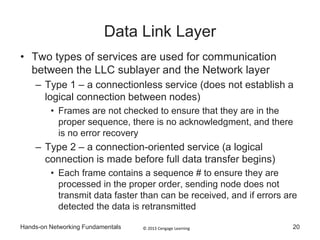 © 2013 Cengage LearningHands-on Networking Fundamentals
Data Link Layer
• Two types of services are used for communication
between the LLC sublayer and the Network layer
– Type 1 – a connectionless service (does not establish a
logical connection between nodes)
• Frames are not checked to ensure that they are in the
proper sequence, there is no acknowledgment, and there
is no error recovery
– Type 2 – a connection-oriented service (a logical
connection is made before full data transfer begins)
• Each frame contains a sequence # to ensure they are
processed in the proper order, sending node does not
transmit data faster than can be received, and if errors are
detected the data is retransmitted
20
 