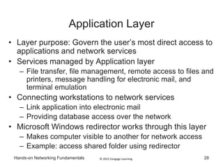 © 2013 Cengage LearningHands-on Networking Fundamentals 28
Application Layer
• Layer purpose: Govern the user’s most direct access to
applications and network services
• Services managed by Application layer
– File transfer, file management, remote access to files and
printers, message handling for electronic mail, and
terminal emulation
• Connecting workstations to network services
– Link application into electronic mail
– Providing database access over the network
• Microsoft Windows redirector works through this layer
– Makes computer visible to another for network access
– Example: access shared folder using redirector
 