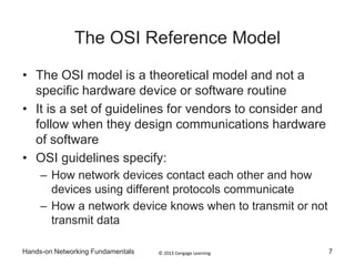 © 2013 Cengage LearningHands-on Networking Fundamentals
The OSI Reference Model
• The OSI model is a theoretical model and not a
specific hardware device or software routine
• It is a set of guidelines for vendors to consider and
follow when they design communications hardware
of software
• OSI guidelines specify:
– How network devices contact each other and how
devices using different protocols communicate
– How a network device knows when to transmit or not
transmit data
7
 