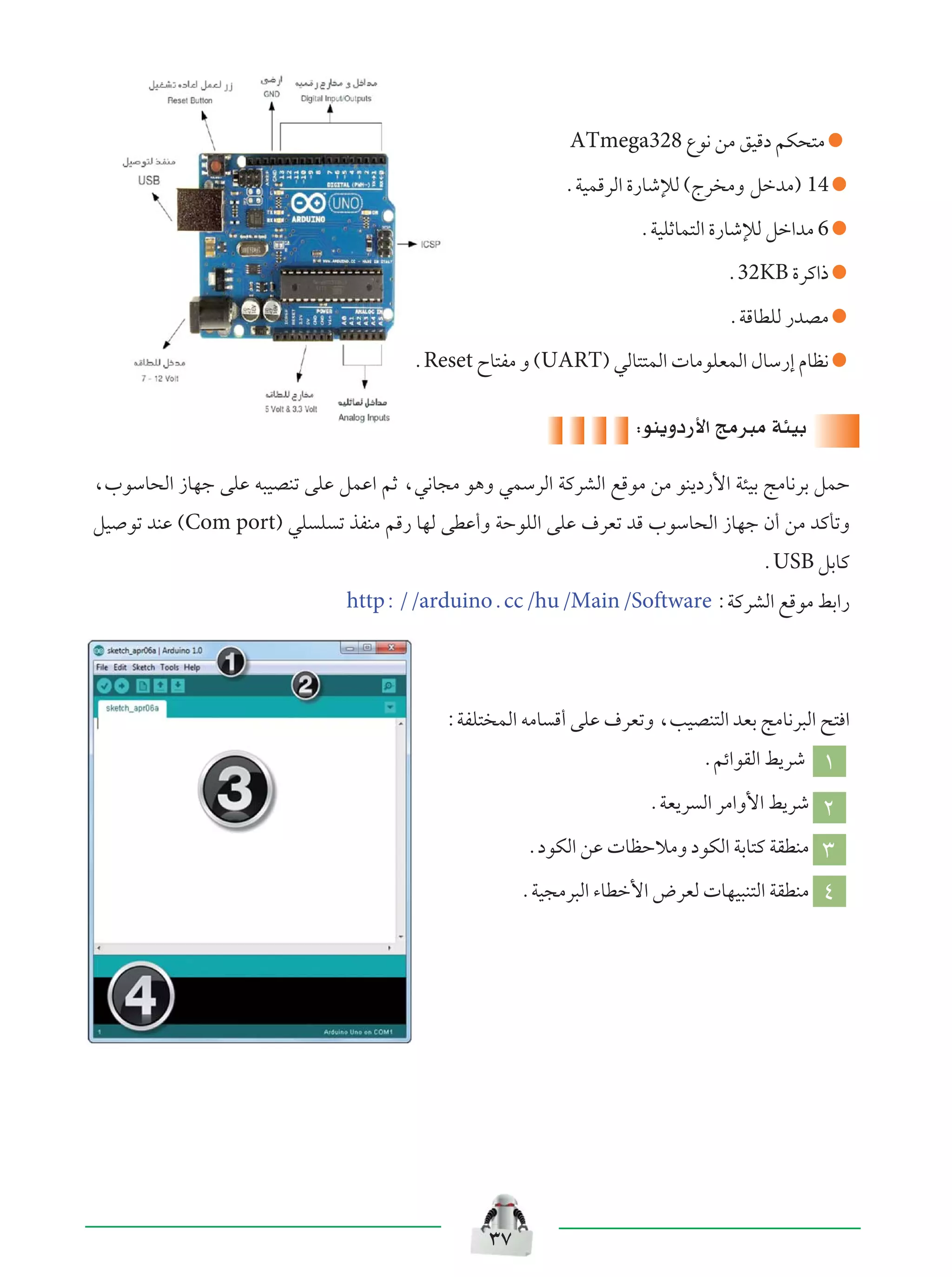 ≥∑
ATmega328 Ÿu½ sÄ oOÁœ rJ×²Ä
ÆWOLÁdÃ« …—UýûÃ ©Ãd ÄË qšbÄ® 14
ÆWOKŁUL²Ã« …—UýûÃ qš«bÄ 6
Æ32KB …dÂ«–
ÆWÁUDKÃ —bBÄ
ÆReset ÕU²HÄ Ë ©UART® wÃU²²LÃ«  UÄuKFLÃ« ‰UÝ—≈ ÂUE½
∫uM¹Ëœ—_« ZÄd³Ä W¾OÐ
¨»uÝU×Ã« “UNł vKŽ t³OBMð vKŽ qLŽ« rŁ ¨w½U−Ä u¼Ë wLÝdÃ« WÂdAÃ« lÁuÄ sÄ uM¹œ—_« W¾OÐ ZÄU½dÐ qLŠ
qO uð bMŽ ©Com port® wK K ð cHMÄ rÁ— UNÃ vDŽ√Ë WŠuKÃ« vKŽ ·dFð bÁ »uÝU×Ã« “UNł Ê√ sÄ bÂQðË
ÆUSB qÐUÂ
http∫ØØarduinoÆccØhuØMainØSoftware ∫WÂdAÃ« lÁuÄ jÐ«—
∫WHK² LÃ« tÄU Á√ vKŽ ·dFðË ¨VOBM²Ã« bFÐ ZÄU½d³Ã« `² «
Ærz«uIÃ« j¹dý ±
ÆWF¹d Ã« dÄ«Ë_« j¹dý ≤
ÆœuJÃ« sŽ  UEŠöÄË œuJÃ« WÐU²Â WIDMÄ ≥
ÆWO−Äd³Ã« ¡UDš_« ÷dFÃ  UNO³M²Ã« WIDMÄ ¥
 