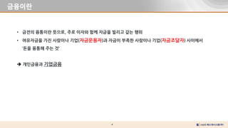 4
금융이란
• 금전의 융통이란 뜻으로, 주로 이자와 함께 자금을 빌리고 갚는 행위
• 여유자금을 가진 사람이나 기업(자금운용자)과 자금이 부족한 사람이나 기업(자금조달자) 사이에서
‘돈을 융통해 주는 것’
 개인금융과 기업금융
 