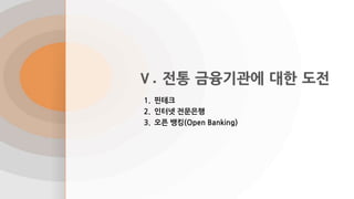 Ⅴ. 전통 금융기관에 대한 도전
1. 핀테크
2. 인터넷 전문은행
3. 오픈 뱅킹(Open Banking)
 