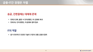 57
금융-IT간 경쟁은 자멸
송금, 간편결제는 대체재 존재
 핀테크 장애, 불편  인터넷뱅킹, PG 결제로 복귀
 핀테크는 인터넷뱅킹, PG결제와 협력 필요
IT의 역할
 좀 더 편리하고 안전한 기술로 (기존의 전통) 금융과 협력
 