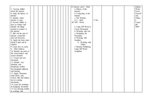 3. become skilled
about the Internet
4. study the history of
internet
5. identify where
internet is used.
6. become skilled at
how to connect and
identify the things
needed to connect to
the internet.
7. find out the type of
internet connection
and web browsers.
8. Apply the basic steps
about E-mail and its
window
9. Learn how to create
E – Mail Address
10. Identify the parts of
the word window and
screen elements
11. Create and save
document
12. Identify text
elements and
formatting toolbar
Set paragraph aligning
and spacing
13. Apply Thesaurus,
spell check, auto
correst, find and replace
text in creating
documents
14. Learn the technique
in designing document
15. Use drawing toolbar
in working with
II. Internet and E - Mail
a. History of the
Internet
b. Connecting to the
Internet
c. The Website
d. E – Mail
III. MS – Word
a. Using MS Word to
Create Documents
b. Working with text
c. Designing the
Document
d. Working with
Graphics
d. Working with
Tables
f. Desktop Publishing
Using MS Word
Templates
15 hrs
Edition,
Word,
Excel,
PowerP
oint,
Outloo
k
Copyri
ght
2009
 