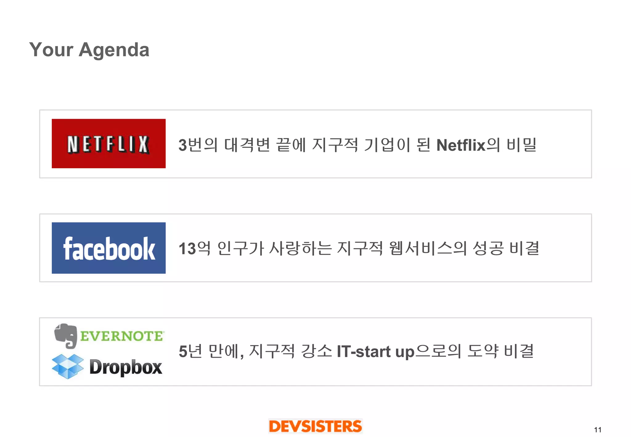 11 
Your Agenda 
3번의대격변끝에지구적기업이된Netflix의비밀 
13억인구가사랑하는지구적웹서비스의성공비결 
5년만에, 지구적강소IT-start up으로의도약비결  