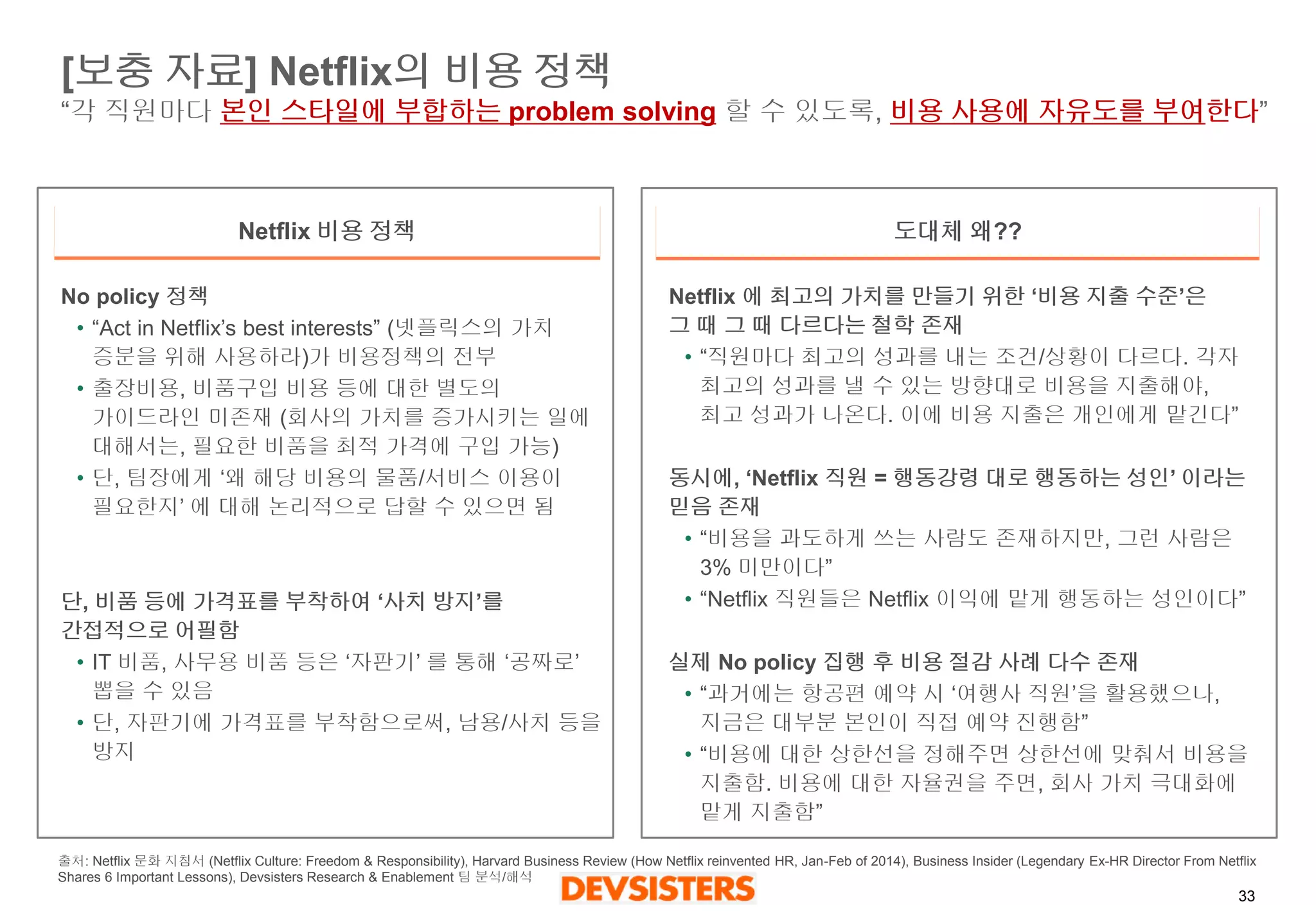 33 
[보충자료] Netflix의비용정책“각직원마다본인스타일에부합하는problem solving할수있도록, 비용사용에자유도를부여한다” 
Netflix 비용정책 
도대체왜?? 
출처: Netflix문화지침서(NetflixCulture: Freedom & Responsibility), Harvard Business Review (How Netflix reinvented HR, Jan-Feb of 2014), Business Insider (Legendary Ex-HR Director From Netflix Shares 6 Important Lessons), DevsistersResearch & Enablement 팀분석/해석 
No policy 정책 
•“Act in Netflix’s best interests” (넷플릭스의가치증분을위해사용하라)가비용정책의전부 
•출장비용, 비품구입비용등에대한별도의가이드라인미존재(회사의가치를증가시키는일에대해서는, 필요한비품을최적가격에구입가능) 
•단, 팀장에게‘왜해당비용의물품/서비스이용이필요한지’ 에대해논리적으로답할수있으면됨 
단, 비품등에가격표를부착하여‘사치방지’를간접적으로어필함 
•IT 비품, 사무용비품등은‘자판기’ 를통해‘공짜로’ 뽑을수있음 
•단, 자판기에가격표를부착함으로써, 남용/사치등을방지 
Netflix 에최고의가치를만들기위한‘비용지출수준’은그때그때다르다는철학존재 
•“직원마다최고의성과를내는조건/상황이다르다. 각자최고의성과를낼수있는방향대로비용을지출해야, 최고성과가나온다. 이에비용지출은개인에게맡긴다” 
동시에, ‘Netflix 직원= 행동강령대로행동하는성인’ 이라는믿음존재 
•“비용을과도하게쓰는사람도존재하지만, 그런사람은3% 미만이다” 
•“Netflix 직원들은Netflix 이익에맡게행동하는성인이다” 
실제No policy 집행후비용절감사례다수존재 
•“과거에는항공편예약시‘여행사직원’을활용했으나, 지금은대부분본인이직접예약진행함” 
•“비용에대한상한선을정해주면상한선에맞춰서비용을지출함. 비용에대한자율권을주면, 회사가치극대화에맡게지출함”  