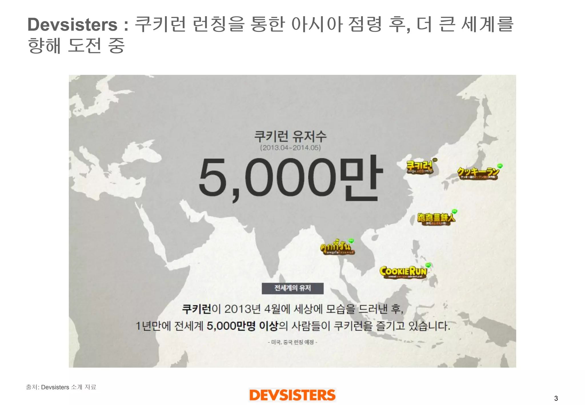 3 
Devsisters : 쿠키런런칭을통한아시아점령후, 더큰세계를향해도전중 
출처: Devsisters소개자료  