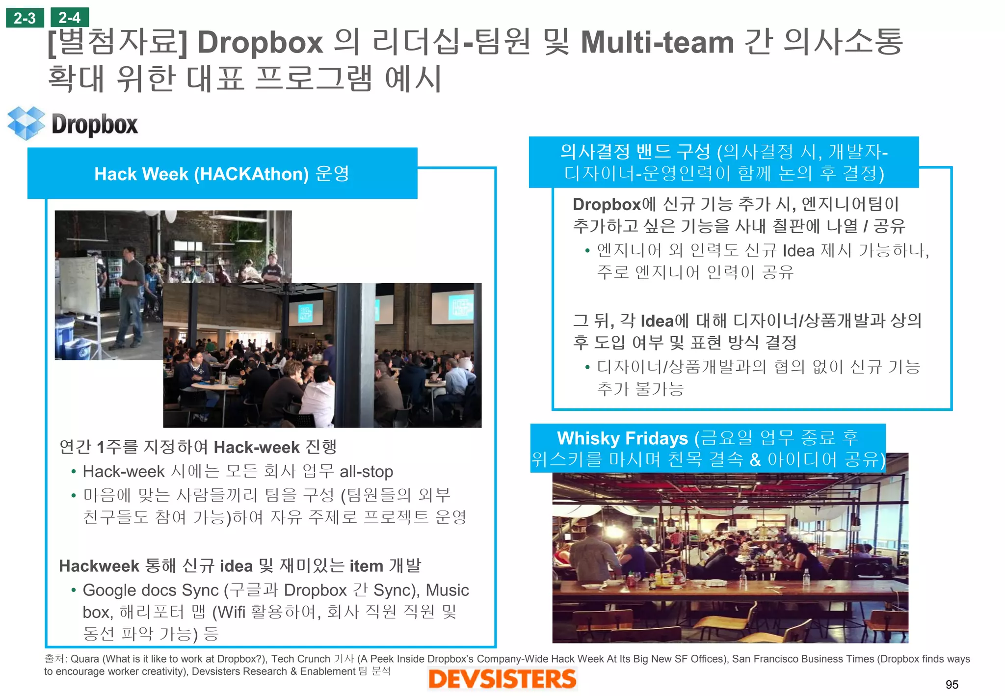 95 
[별첨자료] Dropbox 의리더십-팀원및Multi-team 간의사소통확대위한대표프로그램예시 
Whisky Fridays (금요일업무종료후 
위스키를마시며친목결속& 아이디어공유) 
연간1주를지정하여Hack-week 진행 
•Hack-week 시에는모든회사업무all-stop 
•마음에맞는사람들끼리팀을구성(팀원들의외부친구들도참여가능)하여자유주제로프로젝트운영 
Hackweek통해신규idea 및재미있는item 개발 
•Google docs Sync (구글과Dropbox 간Sync), Music box, 해리포터맵(Wifi 활용하여, 회사직원직원및동선파악가능) 등 
Hack Week (HACKAthon) 운영 
의사결정밴드구성(의사결정시, 개발자- 
디자이너-운영인력이함께논의후결정) 
Dropbox에신규기능추가시, 엔지니어팀이추가하고싶은기능을사내칠판에나열/ 공유 
•엔지니어외인력도신규Idea 제시가능하나, 주로엔지니어인력이공유 
그뒤, 각Idea에대해디자이너/상품개발과상의후도입여부및표현방식결정 
•디자이너/상품개발과의협의없이신규기능추가불가능 
2-3 
2-4 
출처: Quara (What is it like to work at Dropbox?), Tech Crunch 기사(A Peek Inside Dropbox’s Company-Wide Hack Week At Its Big New SF Offices), San Francisco Business Times (Dropbox finds ways to encourage worker creativity), Devsisters Research & Enablement 팀분석  