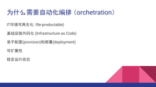 ΪʲôҪԶ orchetration
IT Re-productable)
ʩ뻯 (Infrastructure as Code)
(provision)Ͳ(deployment)
չ
ȶ״̬
 