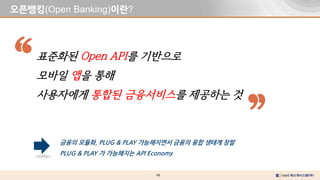 49
오픈뱅킹(Open Banking)이란?
표준화된 Open API를 기반으로
모바일 앱을 통해
사용자에게 통합된 금융서비스를 제공하는 것
금융의 모듈화, PLUG & PLAY 가능해지면서 금융의 융합 생태계 창발
PLUG & PLAY 가 가능해지는 API Economy
 