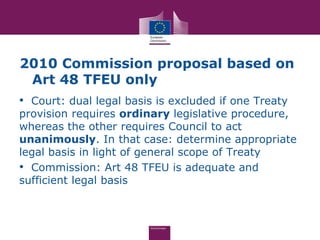 2010 Commission proposal based on
 Art 48 TFEU only
• Court: dual legal basis is excluded if one Treaty
provision requires ordinary legislative procedure,
whereas the other requires Council to act
unanimously. In that case: determine appropriate
legal basis in light of general scope of Treaty
• Commission: Art 48 TFEU is adequate and
sufficient legal basis
 