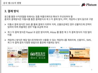 중국 앱스토어 현향
9
3. 결제 방식
광고를 통한 수익모델을 위해서는 정품 어플리케이션 확보가 우선되어야 함
중국의 결제방식은 이통사를 통한 결제방식과 제 3 자 결제 방식, PPP, 게임머니 방식 등으로 구분
 이통사 결제 방식은 SMS 를 통해 결제가 이루어 지며, 선불요금제인 경우 선불카드에 잔액이
있어야 하며 후불제인 경우 익월 요금에 부과
 제 3 자 결제 방식은 Paypal 과 같은 방식이며, Alipay 를 통한 제 3 자 결제 방식이 가장 많이
이용
 게임머니 방식은 해당 앱스토어에서만 사용할 수 있는 게임머니를 계좌이체, 신용카드, SMS,
제 3 자 결제 등의 다양한 방법으로 충전해 사용하는 방식
 
