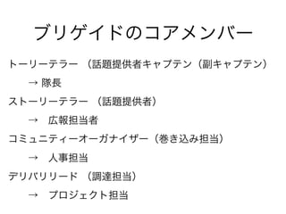 ブリゲイドのコアメンバー 
トーリーテラー （話題提供者キャプテン（副キャプテン） 
→ 隊長 
ストーリーテラー （話題提供者） 
→　広報担当者 
コミュニティーオーガナイザー（巻き込み担当） 
→　人事担当 
デリバリリード （調達担当） 
→　プロジェクト担当 
 