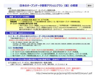 2013年10月29日に開催された各府省情報化統括責任者（CIO）連絡会議で、 
議事として日本のオープンデータ憲章アクションプラン（案） 
http://www.kantei.go.jp/jp/singi/it2/cio/dai53/siryou1.pdf 
 