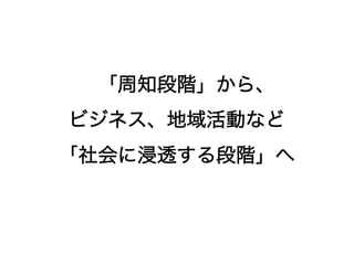 「周知段階」から、 
ビジネス、地域活動など 
「社会に浸透する段階」へ 
 