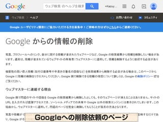 「忘れられる権利」の実務
サイトの運営者による削除
•サイトの運営者に願い出てみる
Googleへの削除依頼のページ
 