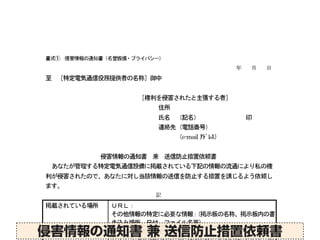 「忘れられる権利」の実務
サイトの運営者による削除
•サイトの運営者に願い出てみる
•「侵害情報の通知書 兼 送信防止 
措置依頼書」を提出してみる
侵害情報の通知書 兼 送信防止措置依頼書
 