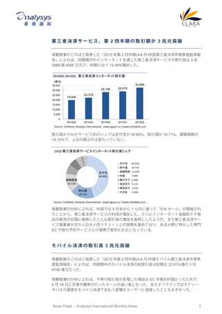 News Flash C Analysys International Monthly News 2
   Q g  `     2    ȡ  ~  3  Ԫ ͻ 
Qǎ줬Τۤɰk2015  2 İ(4-6 )йߛQgЈȱOy
桹ˤСͬgФΥ󥿩`ͥåȤͨߛQg`ӥȡߤ 3 
2888 | 4000 Ԫǡǰڤ˱Ȥ 13.49%Ӥ
ȡߤߤ`ӥeΥ֧ 44.65%ؔͨ 18.71%y̄դ
14.12%ǡλ֤ωäƤʤ
QǎηˤСйǤ 5 ĩ 1 ¤˶ɤäơ618 `롹_ߤ
Ȥ顢ߛQg`ӥäӤ˥󥿩`ͥåȽؔƥ
Ʒ؜Ӥ{ƤȤȡߤΉӤѺ褦ޤߛQg`
ӥIߤΡȾ޴СӤ`ȤЯMƤꡢҰػT
EC s`ӥȤЯǲe򤪤ʤäƤ롣
    Q g  ȡ   3  Ԫ ͻ
Qǎ줬Τۤɰk2015  2 İ(4-6 )йХߛQgЈ
ȱOy桹ˤСͬgФΥХQgξtȡߤǰڱ 22.81% 3 
4746 |Ԫä
QǎηˤС񼾤ȡߤɤ EC Ј{äǡ
6  18 դ˾|KФä`뤬׷LȤʤäޤե饤Ǥϥ`
Х\UХQg֧BT``˽͸Ȥ󤭤ä
19,946
22,376
28,196 28,979
32,888
0
5,000
10,000
15,000
20,000
25,000
30,000
35,000
2014Q2 2014Q3 2014Q4 2015Q1 2015Q2
2014Q2-2015Q2 ߛQg󥿩`ͥåȡ
(|Ԫ)
Source: Enfodesk, Analysys International - www.eguan.cn / www.enfodesk.com
֧
44.65%
ؔͨ
18.71%
y̄
14.12%
֧ 44.65%
ؔͨ 18.71%
y̄ 14.12%
E 7.00%
R 6.58%
ױ֧ 4.11%
hѸ֧ 1.63%
 3.20%
15Q2 ߛQg`ӥ󥿩`ͥåȡߥ
Source: Enfodesk, Analysys International - www.eguan.cn / www.enfodesk.com
 