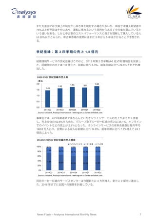 News Flash C Analysys International Monthly News 7
ޤMǤϤޤй܇ӑϤतйǤُϣߤ
75%Ϥʮ֤ˤꡢ\ܞˑTȤĿĤ餢й܇xǤ
`롣й܇Υȥѥե`ޥ󥹤⤷ُ뤷Ƥ
 20%¤Ȥߤ졢й܇ЈγˤϤޤ 3 ꤫ 5 Ϥ뤳Ȥ뤵
롣
 o  F   2       1.8 | Ԫ
Y󥵩`ӥoѿFϤΤۤɡ2015  2 İ(4-6 )ؔՈk
ͬgФΉϤ 1.8 |Ԫǡǰڤ˱Ȥ 6.3%ǰͬڤ˱Ȥ 24.0줾쉈
Ӥ
IeǤϡ4 İBAzǤ饤󥵩`ӥΉϤ褦䤯
ȫ 62.8%ռ᤿`ׂ¤һһtΉϤ 35.1%ե饤
ǤΥ٥ȤʤɤΉϤ 2.1Ȥʤä饤󥵩`ӥϻTϚƽ
148.8 ˤꡢMˤ녧ǰڤ˱Ȥ 14.8%ǰͬڤ˱Ȥ 7.1% 24.1
|ԪϤä
ͬһһtΥ`ӥ󥿩`Ͻ¤ 4 ¤ 2 ФM
2016 ޤǤȫؤչ_ӋƤ롣
1.45
1.62
1.73 1.69
1.80
0.0
0.5
1.0
1.5
2.0
2014Q2 2014Q3 2014Q4 2015Q1 2015Q2
14Q2-15Q2 oѿFΉϸ
(|Ԫ)
Source: Enfodesk, Analysys International - www.eguan.cn / www.enfodesk.com
73.3% 65.9% 61.0% 60.0% 62.8%
22.5% 30.7% 34.7% 36.9% 35.1%
4.2% 3.4% 4.3% 3.1% 2.1%
0%
20%
40%
60%
80%
100%
2014Q2 2014Q3 2014Q4 2015Q1 2015Q2
2014Q2-2015Q2 oѿFΉϘ
饤󥵩`ӥ һһt ٥ȵ
Source: Enfodesk, Analysys International - www.eguan.cn / www.enfodesk.com
 