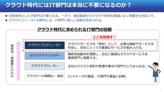 7
クラウド時代にはIT部門は本当に不要になるのか？
 旧態依然としたIT部門は不要になる。一方で、個別最適でのクラウド利用も間違いなく問題を引き起こす。
 クラウドファーストの時代には、IT部門に新しい役割が求められる。
クラウドへの無関心・抵抗 (シャドーITの蔓延、IT部門不要論に拍車)
クラウドブローカー 全社のクラウド契約や管理作業をIT部門でとりまとめる。
クラウドアドバイザー 最新技術動向を理解し、自社に最適なクラウドサービスを
業務部門に推薦する。
クラウドプロデューサー クラウドサービスを「素材」として、必要な機能やサービスを
付加し、自社にとっての最適なサービスを組み上げる。
クラウド理解度・活用度
ここを目指す！
クラウド時代に求められるIT部門の役割
 
