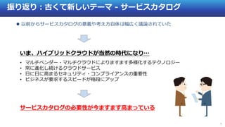 9
振り返り：古くて新しいテーマ - サービスカタログ
 以前からサービスカタログの意義や考え方自体は幅広く議論されていた
いま、ハイブリッドクラウドが当然の時代になり…
• マルチベンダー・マルチクラウドによりますます多様化するテクノロジー
• 常に進化し続けるクラウドサービス
• 日に日に高まるセキュリティ・コンプライアンスの重要性
• ビジネスが要求するスピードが格段にアップ
サービスカタログの必要性が今ますます高まっている
 