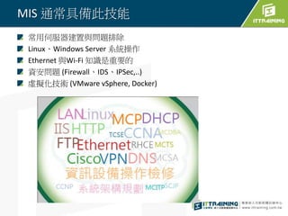 MIS 通常具備此技能
常用伺服器建置與問題排除
Linux、Windows Server 系統操作
Ethernet 與Wi-Fi 知識是重要的
資安問題 (Firewall、IDS、IPSec,..)
虛擬化技術 (VMware vSphere, Docker)
 