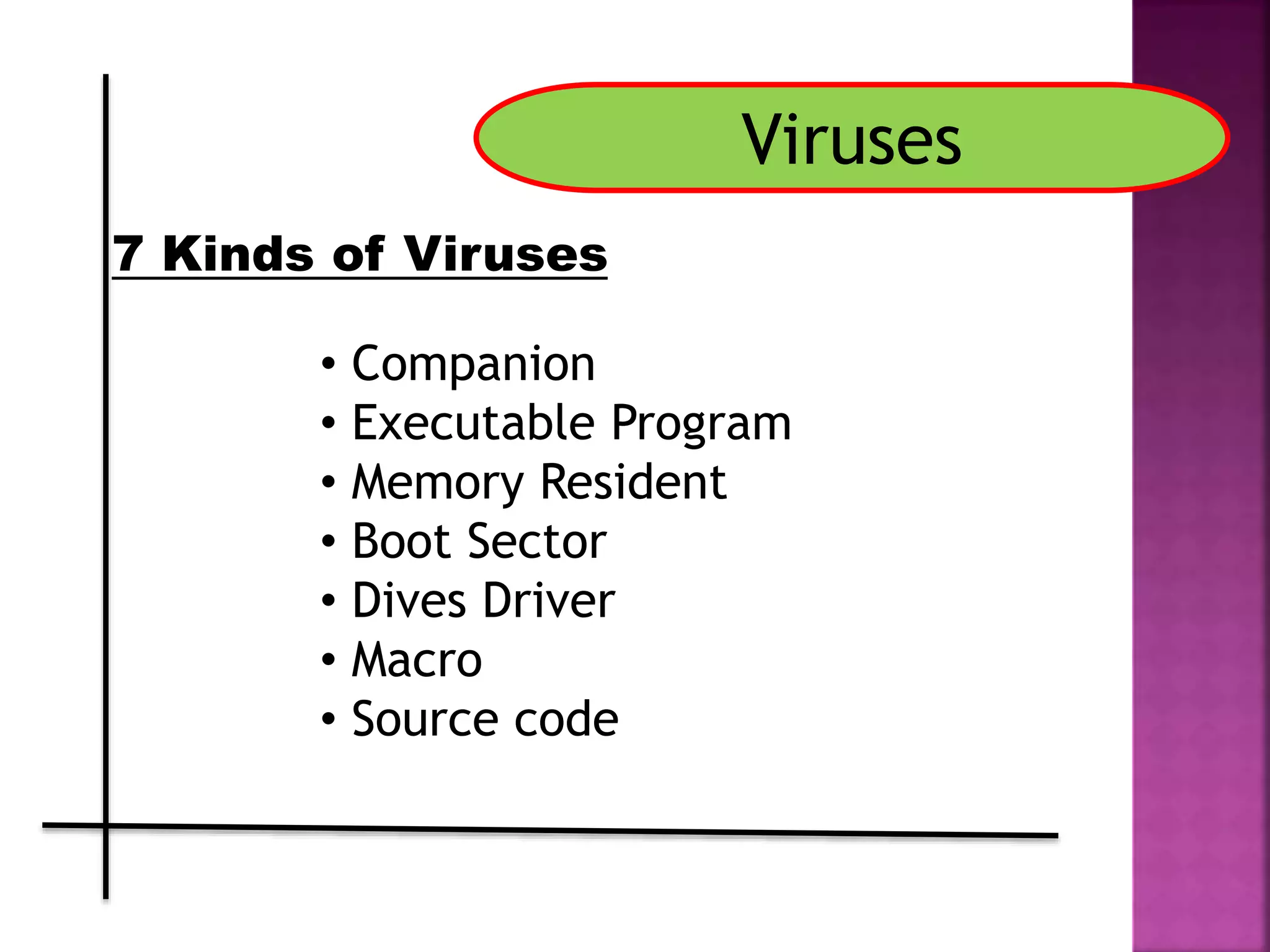 Viruses
7 Kinds of Viruses
• Companion
• Executable Program
• Memory Resident
• Boot Sector
• Dives Driver
• Macro
• Source code
 