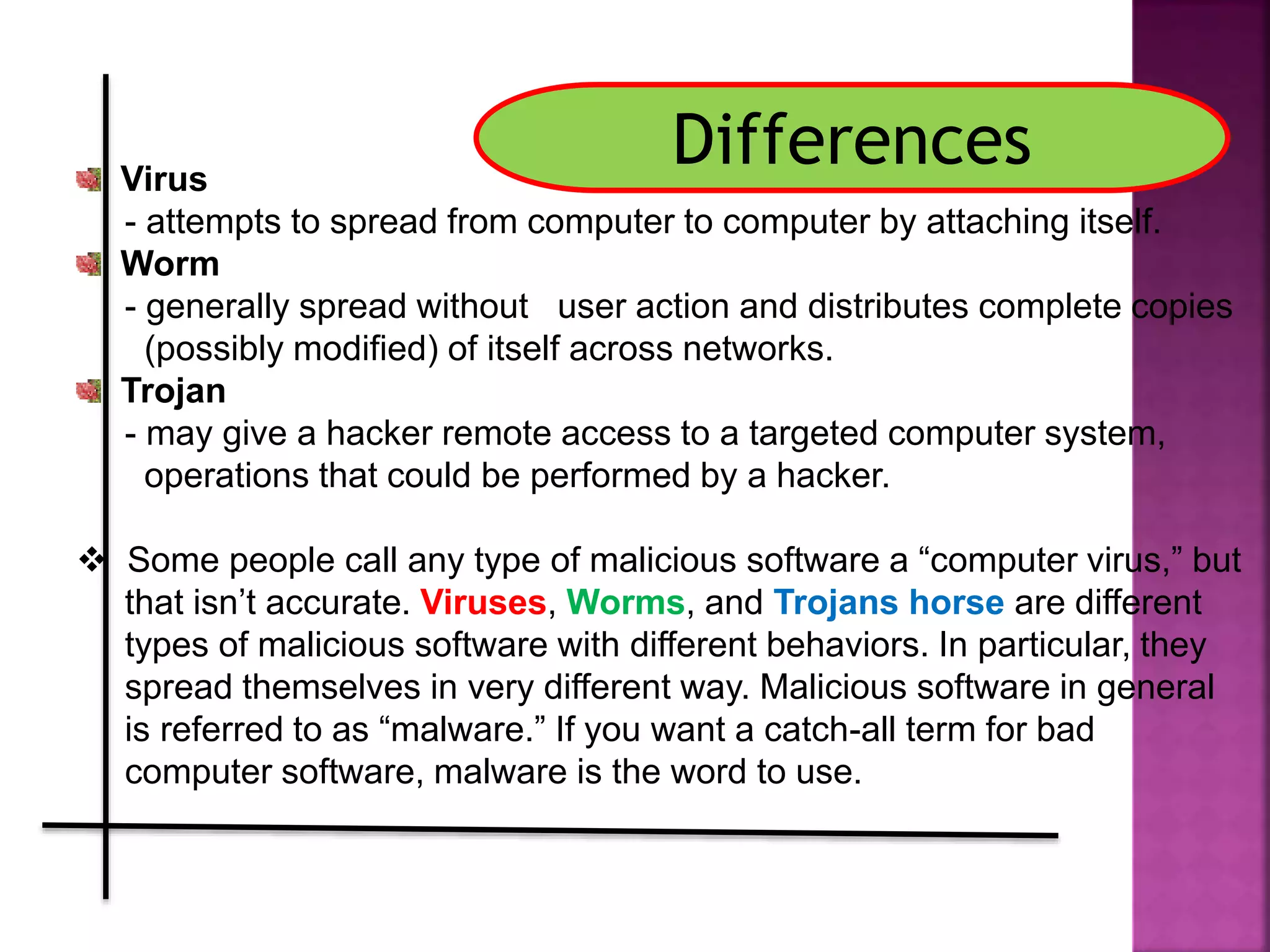 DifferencesVirus
- attempts to spread from computer to computer by attaching itself.
Worm
- generally spread without user action and distributes complete copies
(possibly modified) of itself across networks.
Trojan
- may give a hacker remote access to a targeted computer system,
operations that could be performed by a hacker.
 Some people call any type of malicious software a “computer virus,” but
that isn’t accurate. Viruses, Worms, and Trojans horse are different
types of malicious software with different behaviors. In particular, they
spread themselves in very different way. Malicious software in general
is referred to as “malware.” If you want a catch-all term for bad
computer software, malware is the word to use.
 