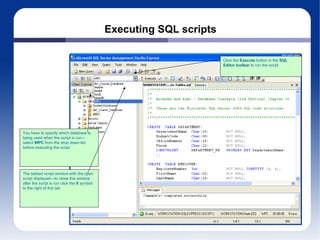 Executing SQL scripts You have to specify which database is being used when the script is run—select  WPC  from the drop down list before executing the script Click the  Execute  button in the  SQL Editor toolbar  to run the script The tabbed script window with the open script displayed—to close this window after the script is run click the  X  symbol to the right of this tab 