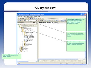 Query window Click the  New Query  button in the Standard toolbar to open the query window and display the MySQL Editor toolbar Select the database that you want to query by clicking the database name to select the database The selected (active) database name appears in the SQL Editor toolbar Type your SQL query into this tabbed window 