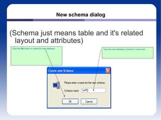 New schema dialog (Schema just means table and it's related layout and attributes) Click the  OK  button to create the new database Type the new database (“schema”) name here 
