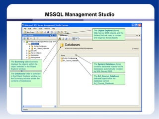MSSQL Management Studio The  Object Explorer  shows SQL Server 2005 objects and the folders that are used to contain and organize those objects The  Summary  tabbed window displays the objects within the object selected in the Object Explorer window The  System Databases  folder contains database objects for the databases automatically created by SQL Server 2005 The  Databases  folder is selected in the Object Explorer window, so the Summary window shows the contents of Databases The  Art_Course_Database  datbase object holds the database named  Art_Course_Database 