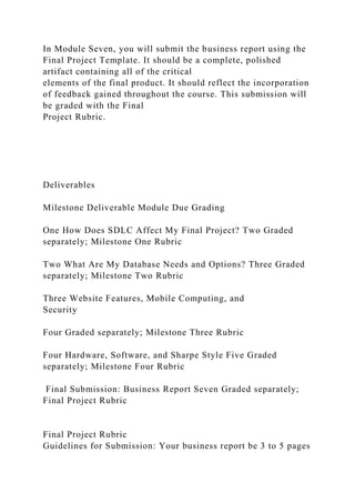 In Module Seven, you will submit the business report using the
Final Project Template. It should be a complete, polished
artifact containing all of the critical
elements of the final product. It should reflect the incorporation
of feedback gained throughout the course. This submission will
be graded with the Final
Project Rubric.
Deliverables
Milestone Deliverable Module Due Grading
One How Does SDLC Affect My Final Project? Two Graded
separately; Milestone One Rubric
Two What Are My Database Needs and Options? Three Graded
separately; Milestone Two Rubric
Three Website Features, Mobile Computing, and
Security
Four Graded separately; Milestone Three Rubric
Four Hardware, Software, and Sharpe Style Five Graded
separately; Milestone Four Rubric
Final Submission: Business Report Seven Graded separately;
Final Project Rubric
Final Project Rubric
Guidelines for Submission: Your business report be 3 to 5 pages
 