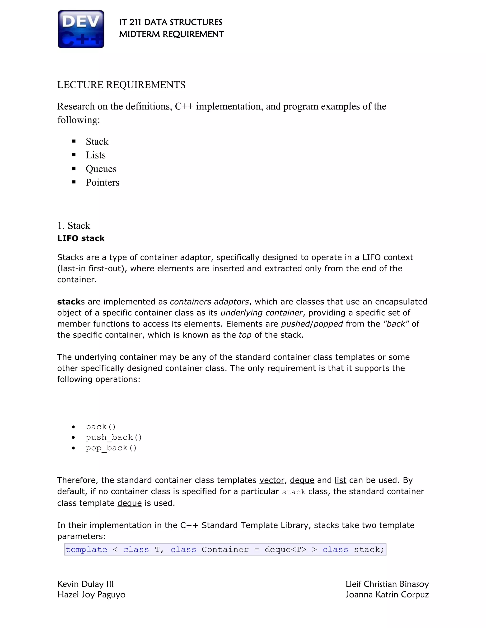 Data structures / C++ Program examples | PDF image.