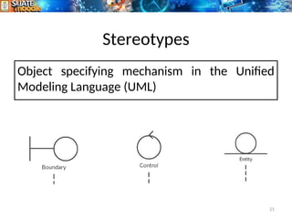 Stereotypes
Object specifying mechanism in the Unified
Modeling Language (UML)
21
 