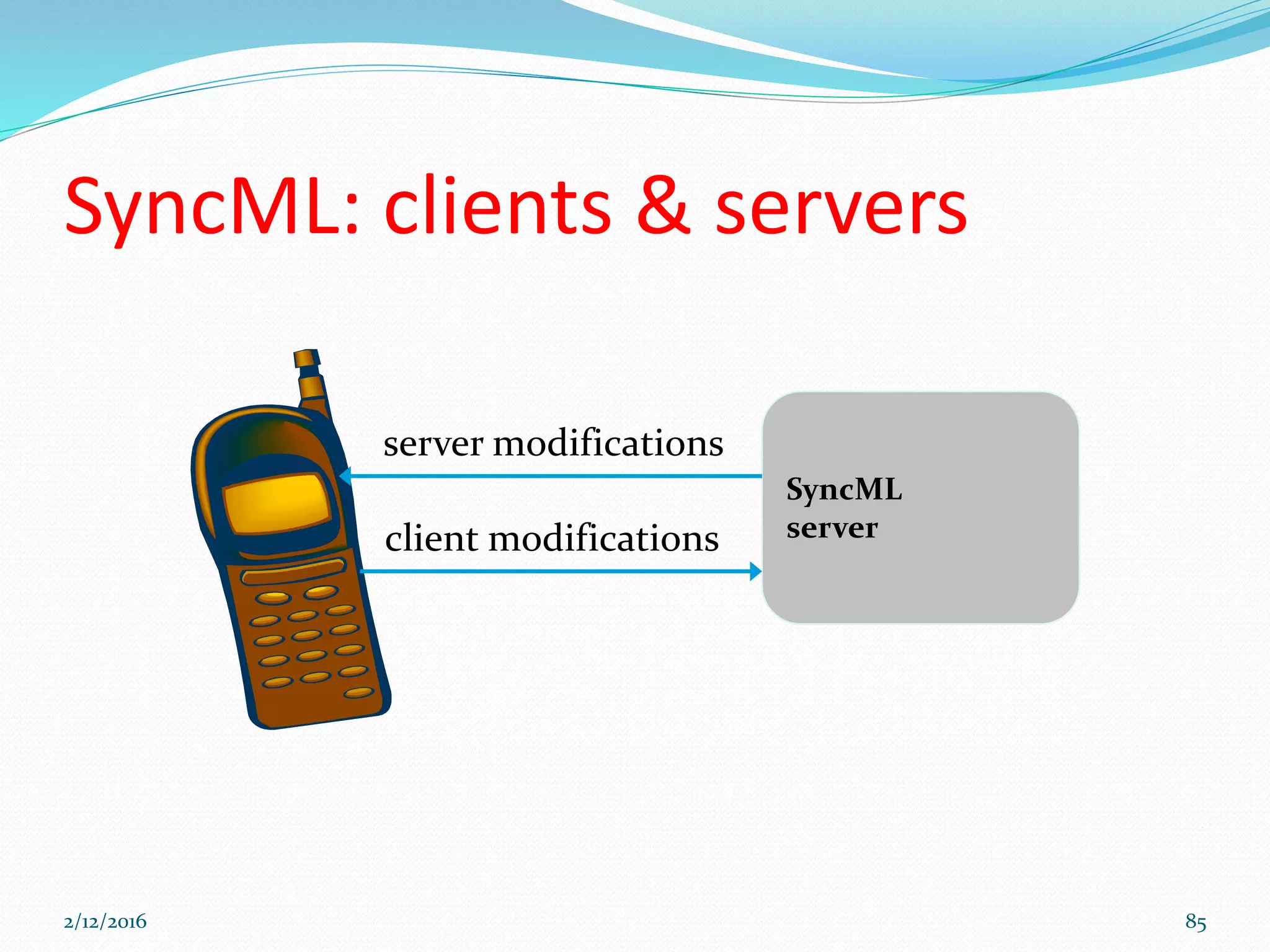 SyncML: clients & servers
SyncML
server
server modifications
client modifications
2/12/2016 85
 