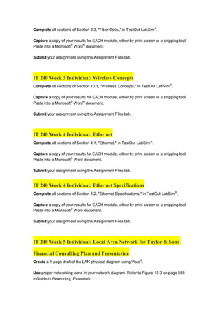 Complete all sections of Section 2.3, "Fiber Optic," in TestOut LabSim®
.
Capture a copy of your results for EACH module, either by print screen or a snipping tool.
Paste into a Microsoft®
Word®
document.
Submit your assignment using the Assignment Files tab.
IT 240 Week 3 Individual: Wireless Concepts
Complete all sections of Section 10.1, "Wireless Concepts," in TestOut LabSim®
.
Capture a copy of your results for EACH module, either by print screen or a snipping tool.
Paste into a Microsoft®
Word®
document.
Submit your assignment using the Assignment Files tab.
IT 240 Week 4 Individual: Ethernet
Complete all sections of Section 4.1, "Ethernet," in TestOut LabSim®
.
Capture a copy of your results for EACH module, either by print screen or a snipping tool.
Paste into a Microsoft®
Word document.
Submit your assignment using the Assignment Files tab.
IT 240 Week 4 Individual: Ethernet Specifications
Complete all sections of Section 4.2, "Ethernet Specifications," in TestOut LabSim®
.
Capture a copy of your results for EACH module, either by print screen or a snipping tool.
Paste into a Microsoft®
Word document.
Submit your assignment using the Assignment Files tab.
IT 240 Week 5 Individual: Local Area Network for Taylor & Sons
Financial Consulting Plan and Presentation
Create a 1-page draft of the LAN physical diagram using Visio®
.
Use proper networking icons in your network diagram. Refer to Figure 13-3 on page 588
inGuide to Networking Essentials.
 