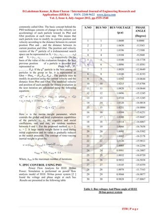D.Lakshman Kumar, K.Ram Charan / International Journal of Engineering Research and
                Applications (IJERA) ISSN: 2248-9622 www.ijera.com
                      Vol. 2, Issue 4, July-August 2012, pp.1535-1540

commonly called Gbst. The basic concept behind the               S.NO      BUS NO     BUS VOLTAGE           PHASE
PSO technique consists of change in the velocity (or                                                        ANGLE
accelerating) of each particle toward its Pbst and                                           (p.u)
Gbst positions at each time step. This means that                                                           (Degree)
each particle tries to modify its current position and
                                                                    1          1            1.0600           0.0000
velocity according to the distance between its current
position Pbst and , and the distance between its                    2          2            1.0430           -5.3543
current position and Gbst. The position and velocity
vectors of the ith particle of a d-dimensional search               3          3            1.0196           -7.5308
space can be represented as Xi = (xi1 , xi2 ,………. xid)              4          4            1.0104           -9.2840
and     Vi = (vi1 , vi2 ,………. vid) respectively. On the
basis of the value of the evaluation function, the best             5          5            1.0100          -14.1738
previous position         of a particle is recorded and             6          6            1.0096          -11.0581
represented as                          Pbesti = (Pi1 , Pi2
,………. Pid). If the gth particle is the best among all               7          7            1.0020          -12.8649
particles in the group so far, it is represented as
                                                                    8          8            1.0100          -11.8193
Gbst = Pbstg = (Pg1,Pg2,..Pgd) . The particle tries to
modify its position using the current velocity and the              9          9            1.0392          -14.0644
distance from Pbst and Gbst. The modified velocity
and position of each particle for fitness evaluation in            10         10            1.0215          -15.6706
the next iteration are calculated using the following              11         11            1.0820          -14.0644
equations
                                                                   12         12            1.0496          -15.1245
                                         (                   )
                                                                   13         13            1.0710          -15.1245
+                                   ........(10)
                                                                   14         14            1.0320          -16.0018
                        =             …..(11)                      15         15            1.0251          -16.0084
                                                                   16         16            1.0304          -15.6251
Here w is the inertia weight parameter, which
controls the global and local exploration capabilities             17         17            1.0188          -15.8687
of the particle. c1, c2 are cognitive and social
                                                                   18         18            1.0114          -16.6067
coefficients, rnd1 and rnd2 are random numbers
between 0 and 1. For the proposed method, c1 = 2,                  19         19            1.0066          -16.7658
c2 = 2. A large inertia weight factor is used during
initial exploration and its value is gradually reduced             20         20            1.0095          -16.5502
as the search proceeds. The concept of time-varying                21         21            1.0082          -16.2178
inertial weight is given by.
                                                                   22         22            1.0120          -15.9811
        (              )                           …..(11)         23         23            1.0085          -16.2294
                                                                   24         24            0.9991          -16.3007
                             ,
                                                                   25         25            1.0032          -16.0720
Where, itmax is the maximum number of iterations.                  26         26            0.9852          -16.5038
V. IPFC CONTROL USING PSO                                          27         27            1.0145          -15.6559
         Power Flow Analysis for IEEE 30-bus
                                                                   28         28            1.0078          -11.7163
Power: Simulation is performed on power flow
analysis model of IEEE 30-bus power system [2 ]                    29         29            0.9944          -16.9077
found the voltage and phase angle at each bus
.Results are presented in the following table                      30         30            0.9828          -17.8067


                                                                 Table 1: Bus voltages And Phase angle of IEEE
                                                                              30-bus power system




                                                                                                 1538 | P a g e
 