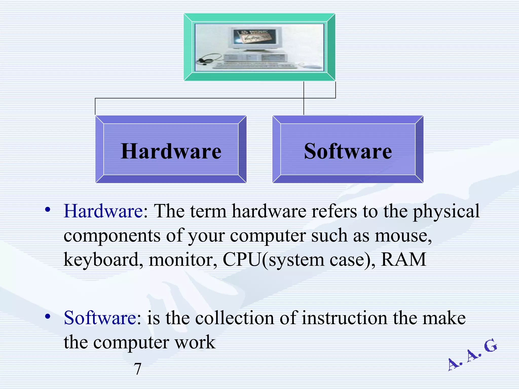 7
• Hardware: The term hardware refers to the physical
components of your computer such as mouse,
keyboard, monitor, CPU(system case), RAM
• Software: is the collection of instruction the make
the computer work
Hardware Software
 