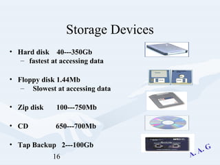 16
Storage Devices
• Hard disk 40---350Gb
– fastest at accessing data
• Floppy disk 1.44Mb
– Slowest at accessing data
• Zip disk 100---750Mb
• CD 650---700Mb
• Tap Backup 2---100Gb
 