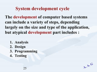 25
1. Analysis
2. Design
3. Programming
4. Testing
System development cycle
The development of computer based systems
can include a variety of steps, depending
largely on the size and type of the application,
but atypical development part includes :
 
