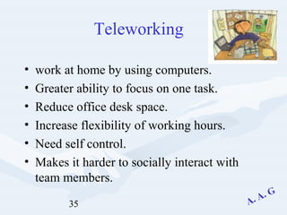 35
Teleworking
• work at home by using computers.
• Greater ability to focus on one task.
• Reduce office desk space.
• Increase flexibility of working hours.
• Need self control.
• Makes it harder to socially interact with
team members.
 