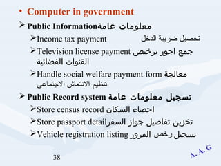 38
• Computer in government
 Public Information‫عامة‬ ‫معلومات‬
Income tax payment ‫بقعتحصيل‬‫الدخل‬ ‫ضريبة‬
Television license payment ‫ترخيص‬ ‫اجور‬ ‫جمع‬
‫الفضائية‬ ‫القنوات‬
Handle social welfare payment form ‫معالجة‬
‫بقعتنظيم‬‫الجتماعى‬ ‫النتعاش‬
 Public Record system ‫عامة‬ ‫معلومات‬ ‫تسجيل‬
Store census record ‫السكان‬ ‫احصاء‬
Store passport detail‫السفر‬ ‫جواز‬ ‫تفاصيل‬ ‫تخزين‬
Vehicle registration listing ‫تسجيل‬‫رخص‬‫المرور‬
 