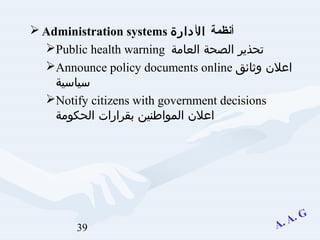 39
 Administration systems ‫ةمظنأنظمة‬‫ال‬‫أ‬‫دارة‬
Public health warning ‫العامة‬ ‫الصحة‬ ‫تحذير‬
Announce policy documents online ‫وثائق‬ ‫اعلن‬
‫سياسية‬
Notify citizens with government decisions
‫الحكومة‬ ‫بقرارات‬ ‫المواطنين‬ ‫اعلن‬
 