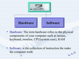 7
• Hardware: The term hardware refers to the physical
components of your computer such as mouse,
keyboard, monitor, CPU(system case), RAM
• Software: is the collection of instruction the make
the computer work
Hardware Software
 