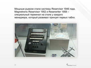 Мощным рывком стали системы Reservisor 1946 года, MagnetronicReservisor 1952 и Reserwriter 1958 – специальныйтерминал на столе у каждого менеджера, который развивал принцип первых табло.13