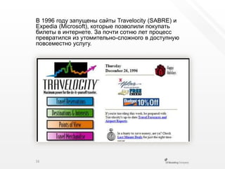 В 1996 году запущены сайты Travelocity (SABRE) и Expedia (Microsoft), которые позволили покупать билеты в интернете. За почти сотню лет процесс превратился из утомительно-сложного в доступную повсеместно услугу.16