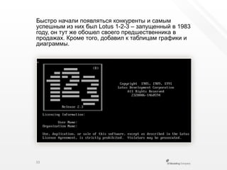 Быстро начали появляться конкуренты и самым успешным из них был Lotus 1-2-3 – запущенный в 1983 году, он тут же обошел своего предшественника в продажах. Кроме того, добавил к таблицам графики и диаграммы.33